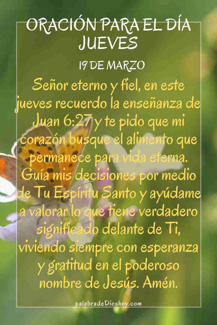 Oración cristiana del jueves sobre la vida eterna basada en Juan 6:27 y el verdadero alimento espiritual.