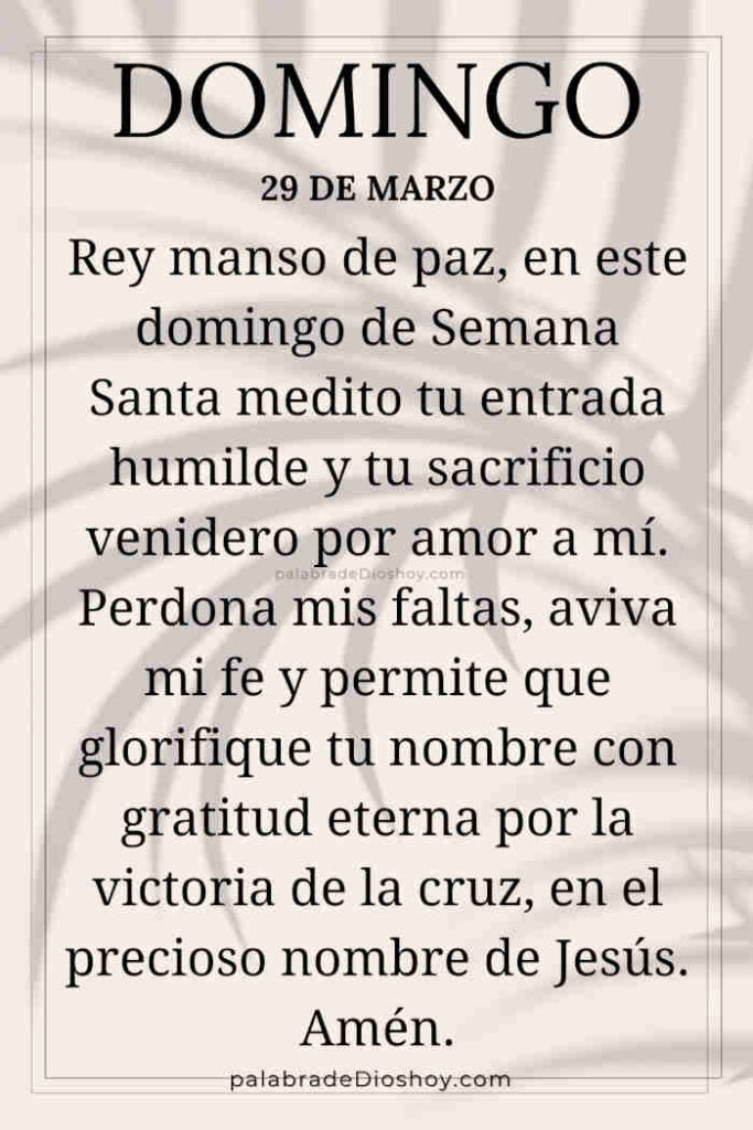Oración cristiana sobre Semana Santa con Mateo 21:5 para domingo 29 de marzo de 2026