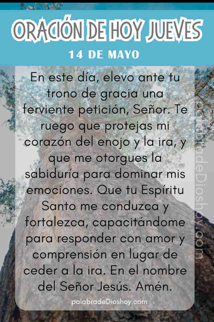Oración cristiana sobre el dominio propio y el enojo basada en Proverbios 14:29 para el jueves 14 de mayo de 2026.